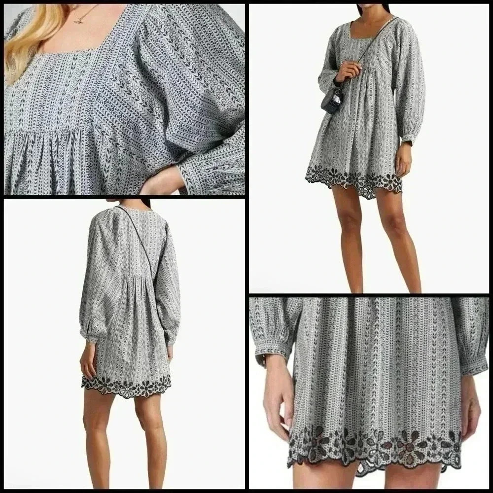 Joie Jade Linen Blend Dolman Button Cuff Sleeve Eyelet Hem Babydoll Dress XXS